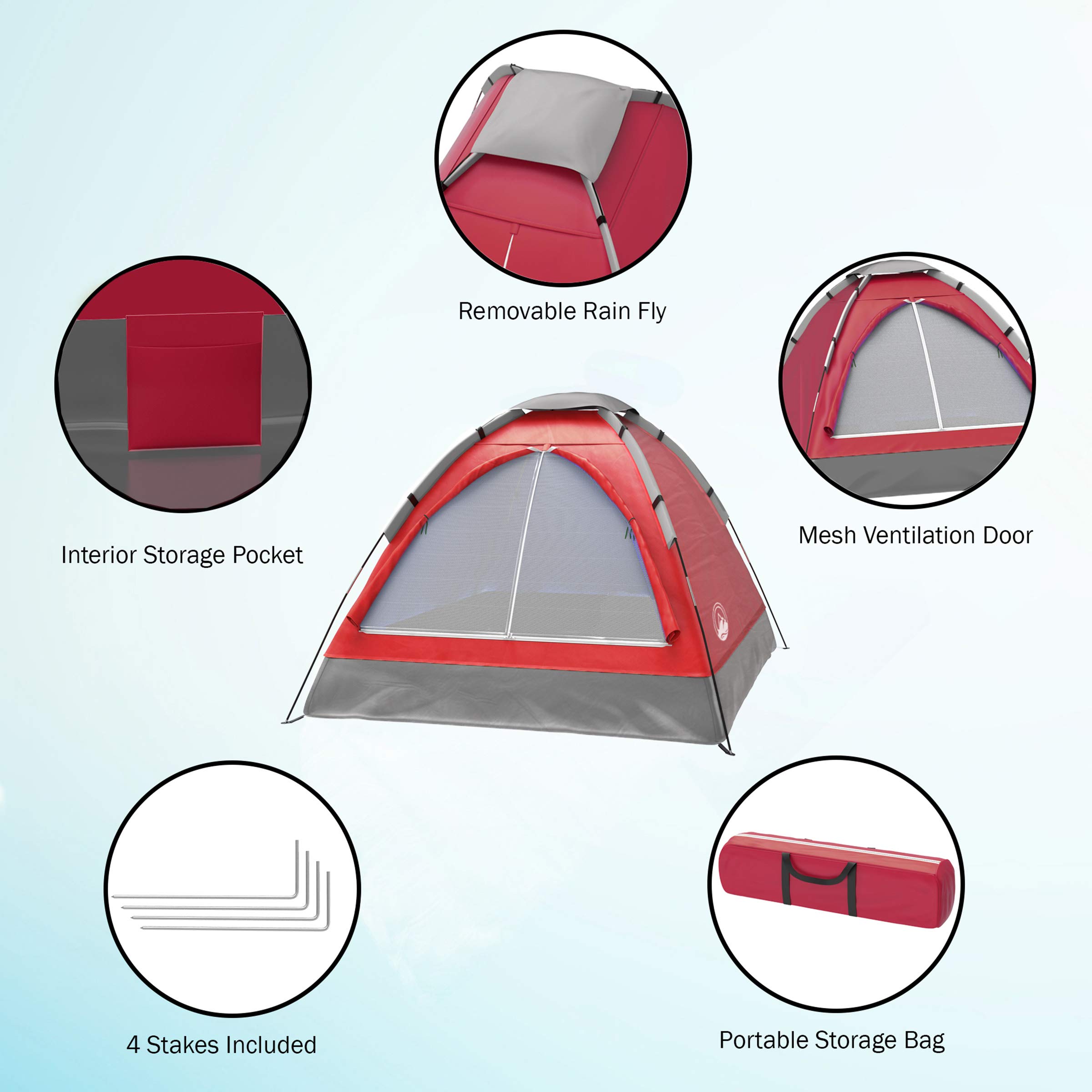 2 Person Camping Tent with Rain Fly and Carrying Bag - Lightweight Outdoor Tent for Backpacking, Hiking, or Beach Use by Wakeman Outdoors (Red)