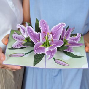 Paper Love 3D Purple Lilies Pop Up Card, Gift for Birthday, Wedding, Anniversary, Thank You, Get Well, All Occasion or Just Because - 5" x 7" Cover - Includes Envelope and Note Tag