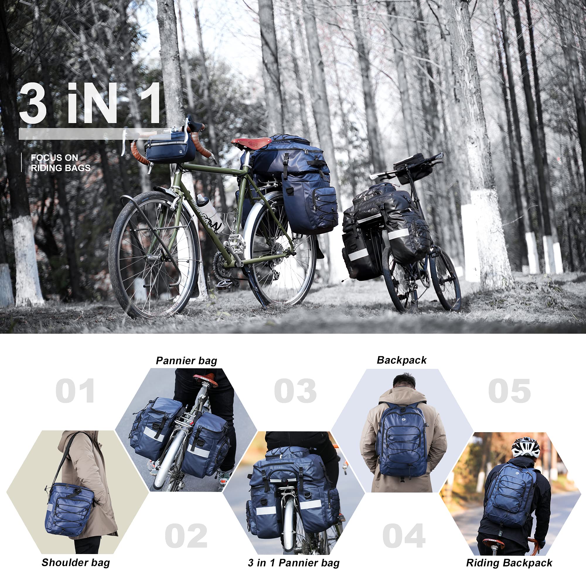 HUNTVP Bike Bag Bike Pannier Bag 3 in 1 Rack Saddle Bag Backpack Rear Seat Bag Shoulder Bag Laptop Pannier Cargo Rack Bicycle Bag with Rain Cover (Blue)