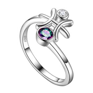 adjustable zodiac sign pisces ring celestial ring with mystic rainbow stone ring for women boho ring genuine silver february march birthday ring horoscope wedding engagement jewelry ring fr0036y