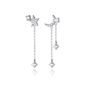 Reffeer Solid 925 Sterling Silver Asymmetric Moon Star Dangle Earring for Women Teen Girls CZ Drop Earrings Tassel Chain