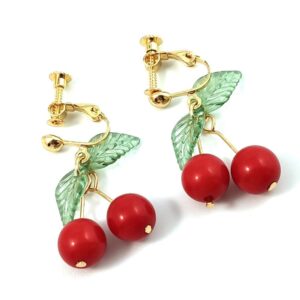 Cute Cherry Clip on Fruit Earrings for Women Red Cherry Ear Clips Dangle Drop Jewelry (1 Pairs)