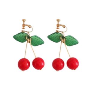 Cute Cherry Clip on Fruit Earrings for Women Red Cherry Ear Clips Dangle Drop Jewelry (1 Pairs)