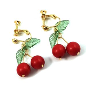 Cute Cherry Clip on Fruit Earrings for Women Red Cherry Ear Clips Dangle Drop Jewelry (1 Pairs)