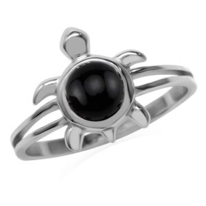 silvershake 6mm natural round shape black onyx 925 sterling silver turtle sea life fashion casual solitaire ring size 6.5