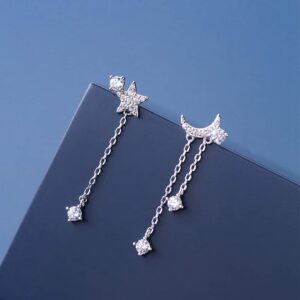 Reffeer Solid 925 Sterling Silver Asymmetric Moon Star Dangle Earring for Women Teen Girls CZ Drop Earrings Tassel Chain