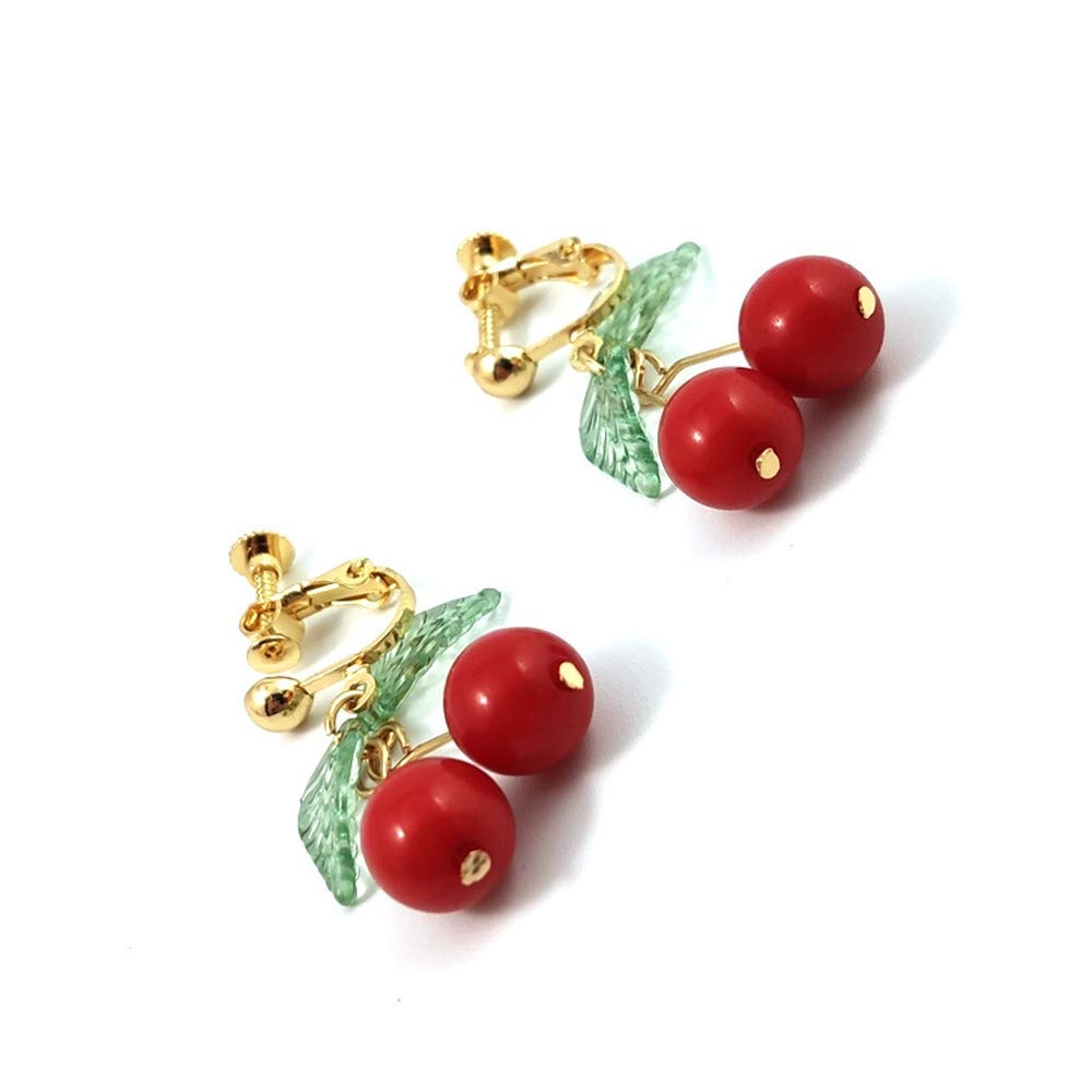 Cute Cherry Clip on Fruit Earrings for Women Red Cherry Ear Clips Dangle Drop Jewelry (1 Pairs)