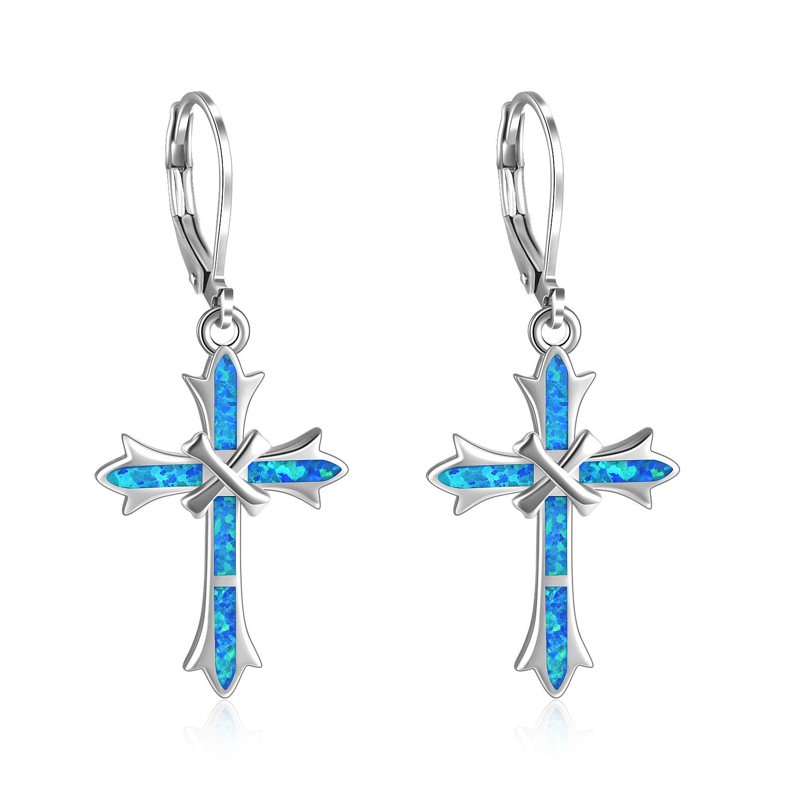 ONEFINITY Opal Cross Earrings Sterling Silver Cross Dangle Drop Earring Cross Leverback Earrings for Women