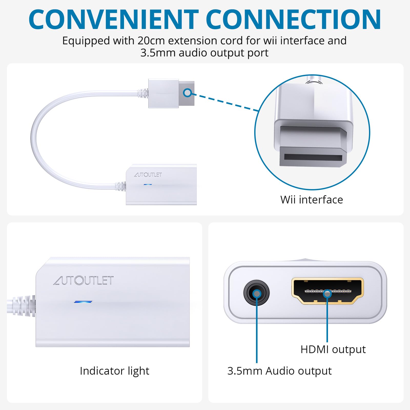 AUTOUTLET Wii to HDMI Converter 1080P for Full HD Device, Wii HDMI Adapter with 3,5mm Audio Jack&HDMI Output Compatible with Nintendo Wii, Wii U, HDTV, Monitor-Supports All Wii Display Modes 720P