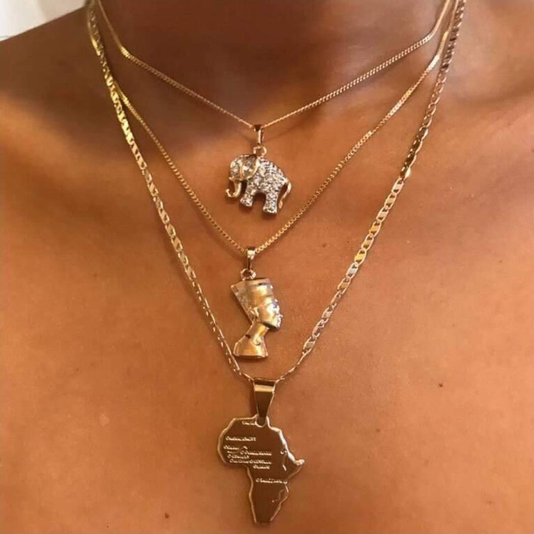 Ckecharfa Boho Rhinestone Layered Necklaces Gold Africa Map Necklaces Elephant Choker Egyptian Queen Necklace Beach Adjustable Neck Chain Jewelry Accessories for Women