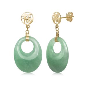 Natural Jade Drop Earrings in 14kt Yellow Gold, Chinese Blessings Symbol