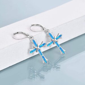 ONEFINITY Opal Cross Earrings Sterling Silver Cross Dangle Drop Earring Cross Leverback Earrings for Women