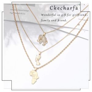 Ckecharfa Boho Rhinestone Layered Necklaces Gold Africa Map Necklaces Elephant Choker Egyptian Queen Necklace Beach Adjustable Neck Chain Jewelry Accessories for Women