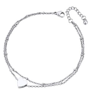 Ankle Chains for Women Stainless Steel Heart Anklet Sterling Silver Color Layered Anklets