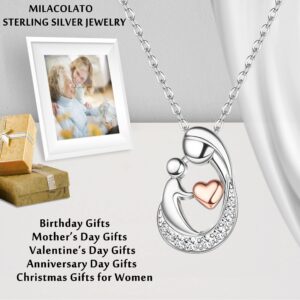 MILACOLATO Mother Pendant Necklaces S925 Sterling Silver Mother Daughter Necklaces 18K White Gold Filled Mom and Child Heart Birthstone Necklace Mother's Day Gifts for Mom New Mum Grandma Women Wife