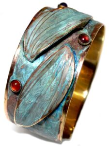 elaine coyne wearable art verdigris patina brass contemporary leaves cuff bracelet - amethyst, carnelian, garnet