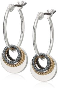 nine west shaky drop off hoop earring, silver/gold/hematite tri-tone