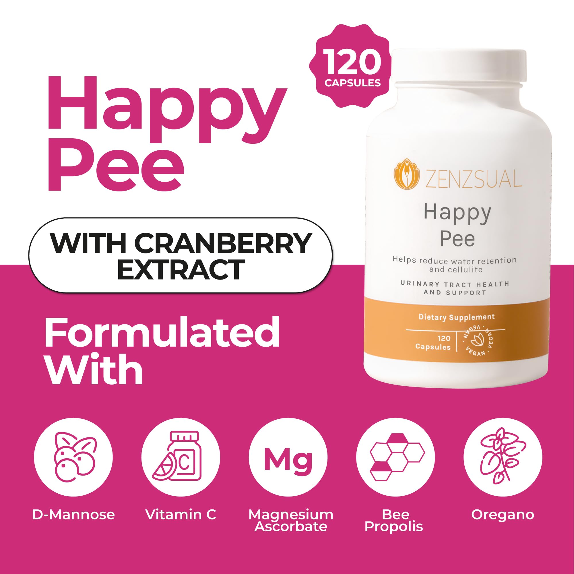 ZENZSUAL Happy Pee – Urinary Tract Support with Organic Cranberry and D-Mannose - Comprehensive UTI Pain Relief Support for Women - 120 Capsules