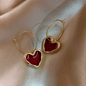 Charm Red Heart Hoop Dangle Drop Earrings for Women - Small Enamel Heart Huggie Earrings for Jewelry (Red Hoop)