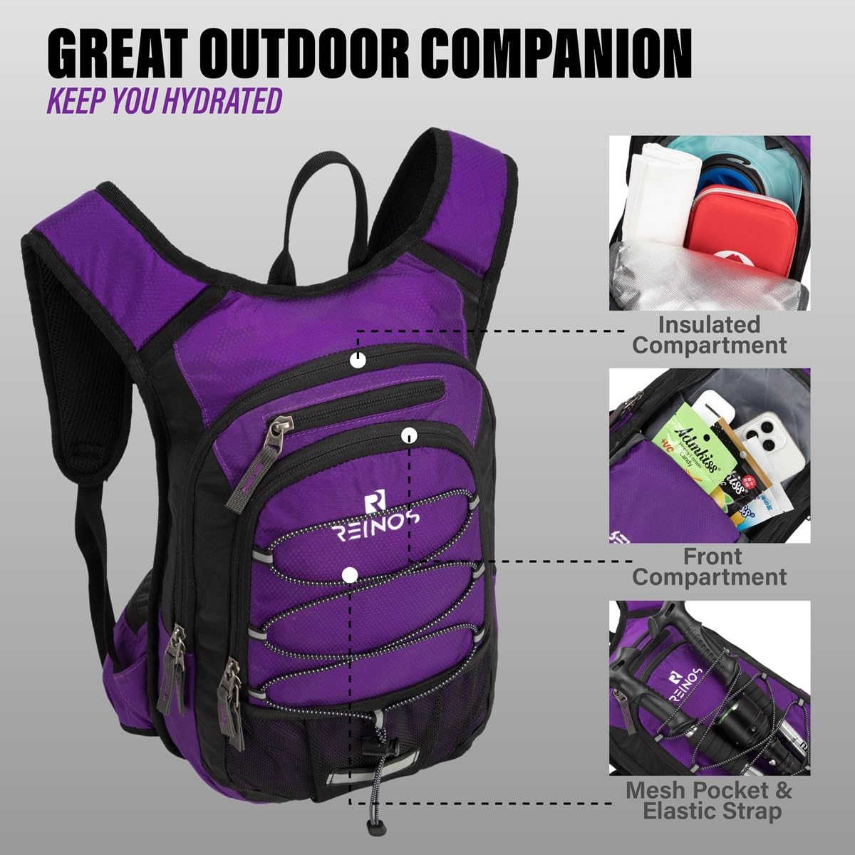 REINOS Hydration Backpack with 3L Bladder for Men & Women, Daypack with Thermal Insulation | Great for Hiking, Running, Cycling, Camping, Skiing, Outdoor Activities (Violet)