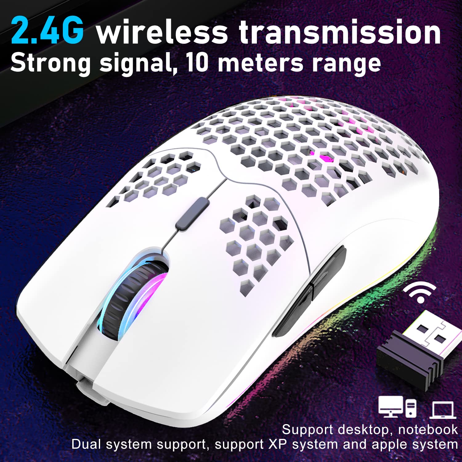 XINMENG Wireless Gaming Mouse Lightweight Honeycomb Design 3200 DPI Rechargeable Gaming Mouse with 16 Rainbow Backlit, USB Receiver,Compatible with PC Gamers and Xbox and PS4 Users