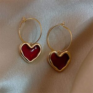 Charm Red Heart Hoop Dangle Drop Earrings for Women - Small Enamel Heart Huggie Earrings for Jewelry (Red Hoop)