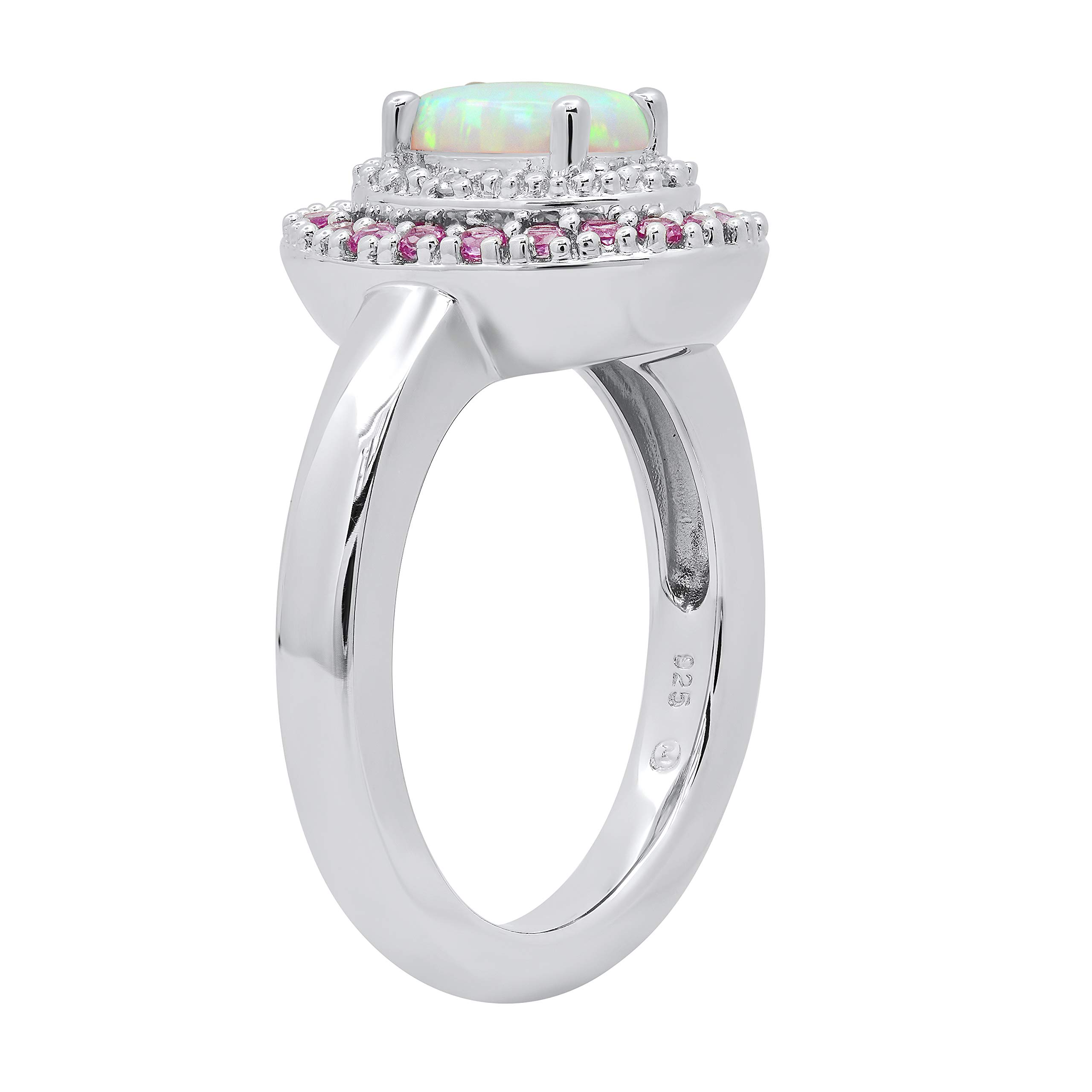 Dazzlingrock Collection 8X5.5 mm Oval Created Opal, Round Created Pink Sapphire with Natural Diamond Accent Women Engagement Ring, Sterling Silver, Size 7