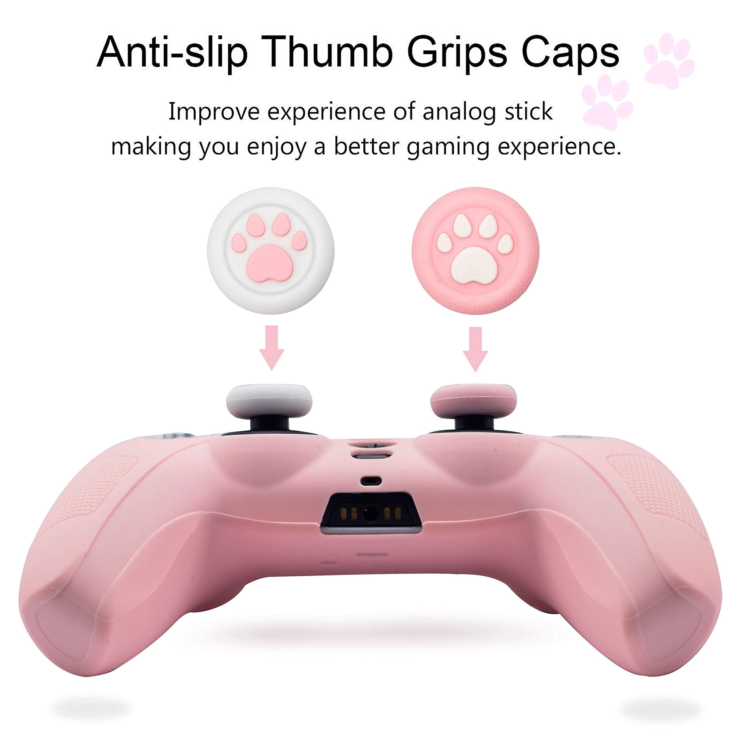 BRHE Skin for PS5 Controller Grip Cover Anti-Slip Silicone Protector Rubber Case Cute Kawaii Accessories Set Gamepad Joystick Shell with 2 Thumb Grip Caps (Full Covered, Pink)