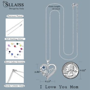 Sllaiss Love Heart Mom Necklace 925 Sterling Silver Birthstone Pendant Necklaces Birthday Mother's Day Jewelry Gift for Women