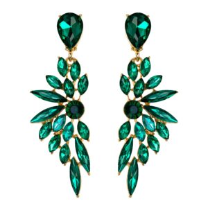 BriLove Women's Wedding Bridal Crystal Teardrop Multi Marquise Cluster Bling Dangle Earrings Emerald Color Gold-Toned