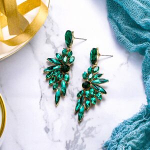 BriLove Women's Wedding Bridal Crystal Teardrop Multi Marquise Cluster Bling Dangle Earrings Emerald Color Gold-Toned