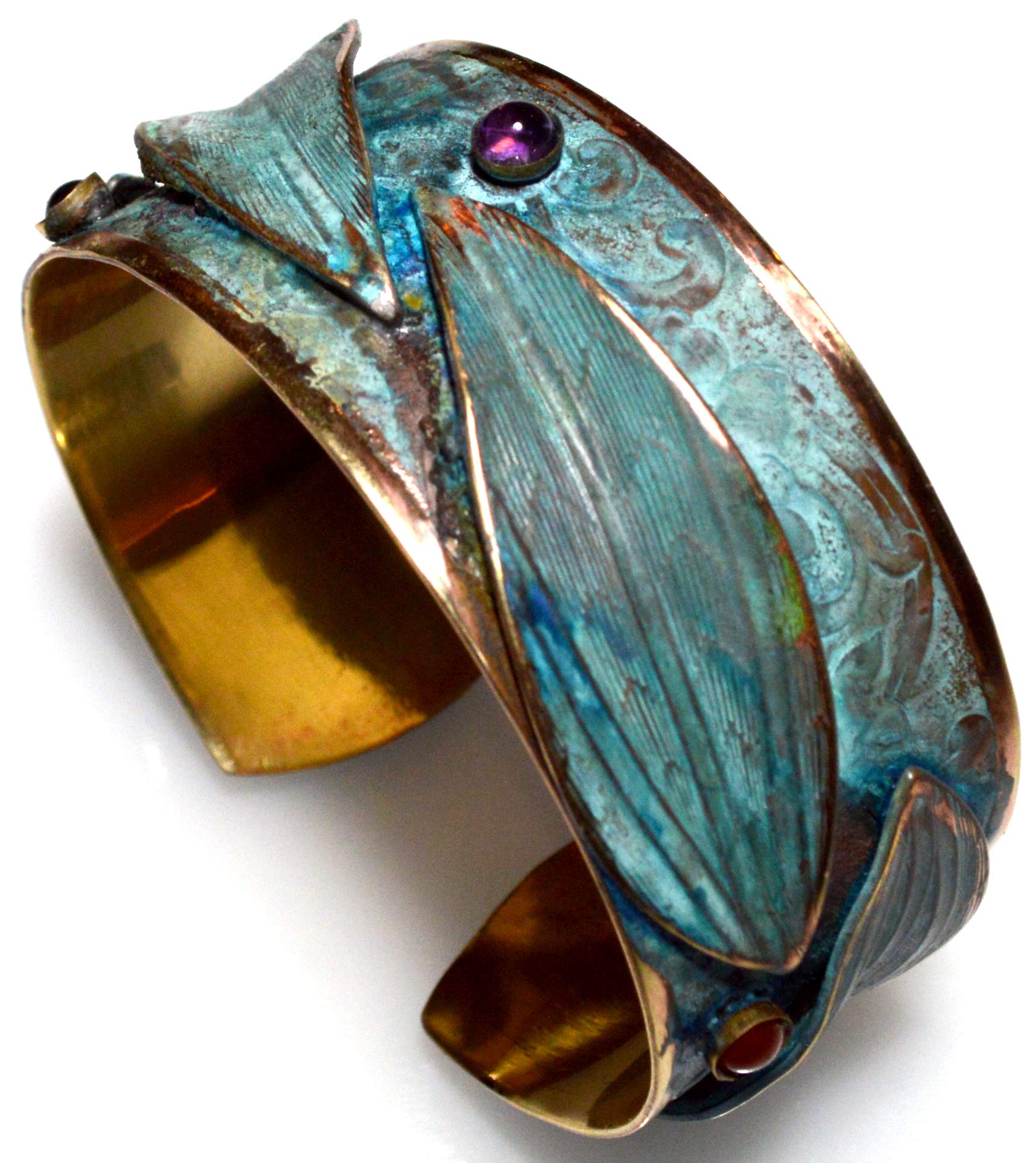 Elaine Coyne Wearable Art Verdigris Patina Brass Contemporary Leaves Cuff Bracelet - Amethyst, Carnelian, Garnet