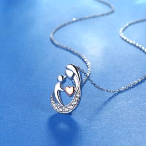 MILACOLATO Mother Pendant Necklaces S925 Sterling Silver Mother Daughter Necklaces 18K White Gold Filled Mom and Child Heart Birthstone Necklace Mother's Day Gifts for Mom New Mum Grandma Women Wife