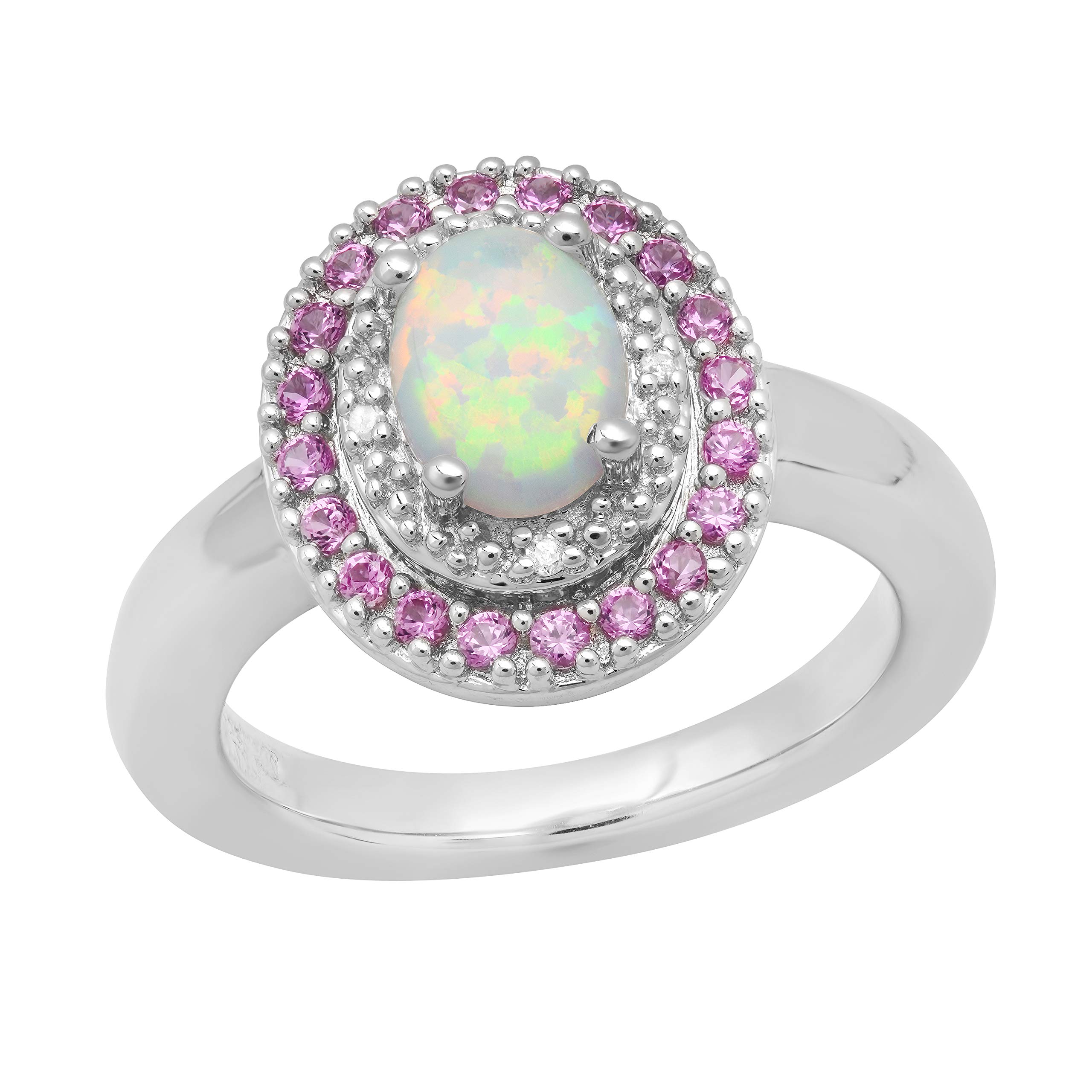 Dazzlingrock Collection 8X5.5 mm Oval Created Opal, Round Created Pink Sapphire with Natural Diamond Accent Women Engagement Ring, Sterling Silver, Size 7