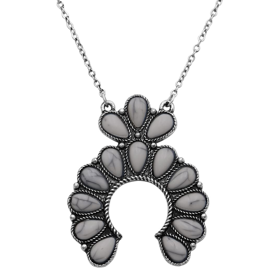 Rosemarie & Jubalee Women's Western Style Semi Precious Howlite Stone Squash Blossom Pendant Necklace, 15+3" Extender (Natural White Howlite Silver Tone)