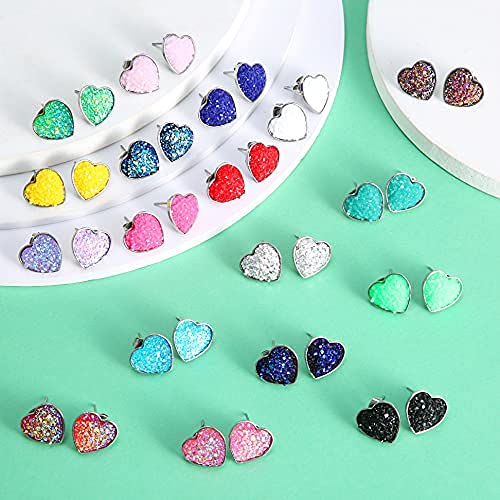 32 Pairs Faux Druzy Stud Earrings Stainless Steel Druzy Stud Earrings Glitter Pierced Earrings for Women Girls (Heart Shape)