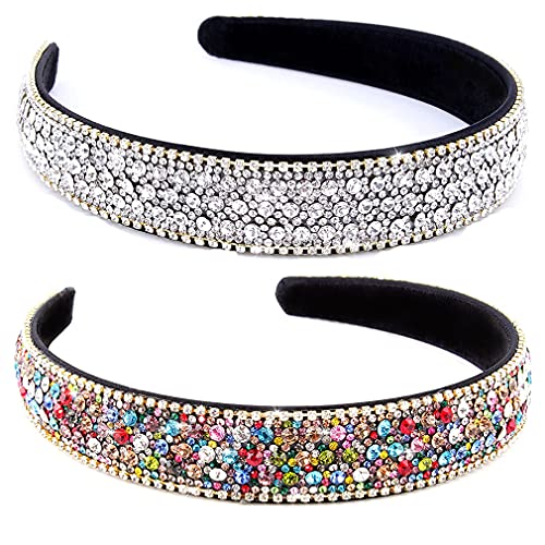 YISSION 2 PCS Rhinestone Headbands for Women, Glitter Crystal Headband Fashion Jeweled Headbands for Girls, Gorgeous Hair Accessories for Women Silver Rainbow Color