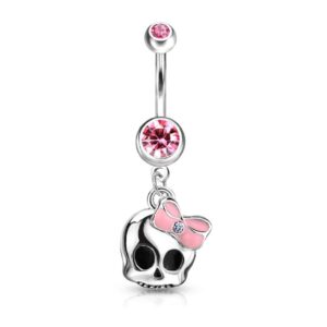 14g 316l surgical steel cute skull with paved gem and epoxy bow navel belly ring