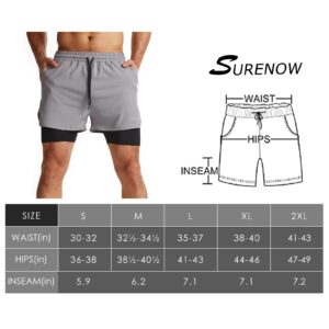 Surenow Mens 2 in 1 Running Shorts Quick Dry Athletic Shorts with Liner, Workout Shorts with Zip Pockets and Towel Loop Light Grey