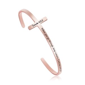 When You Go Through Deep Waters I Will Be With You Isaiah 43:2 Religious Rose Gold Bracelets for Women Christian Cross Cuff Baptism Faith Bible Verse Jewelry Gift