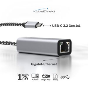 USB C Ethernet adapter with break-proof, full metal case (USB-C male to RJ45 LAN female, stable network/internet connectivity for notebook/MacBook/tablet at 1Gbit/s, 4in cable) by CableDirect