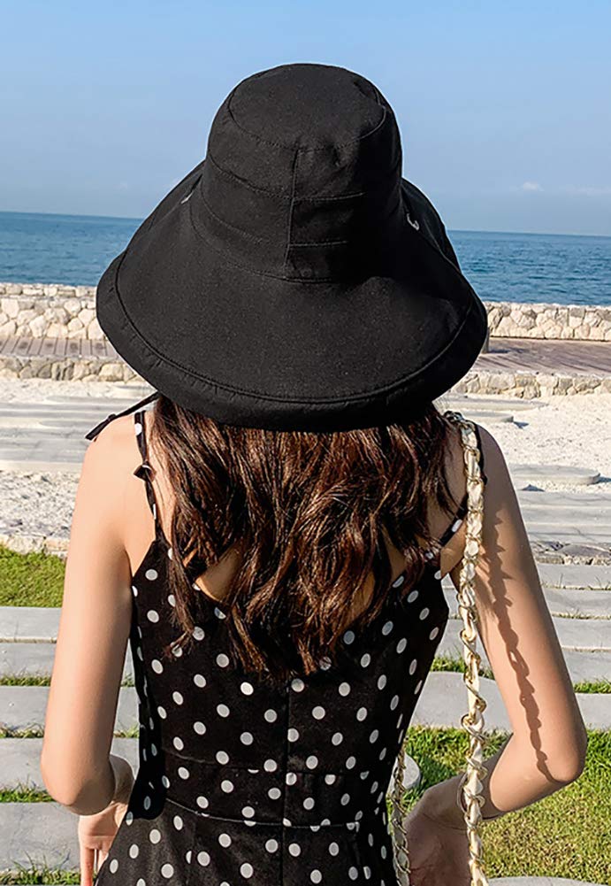 Women's Sun Hat Packable Reversible Bucket Hat UV Sun Protection Wide Brim Summer Beach Cap (Black)