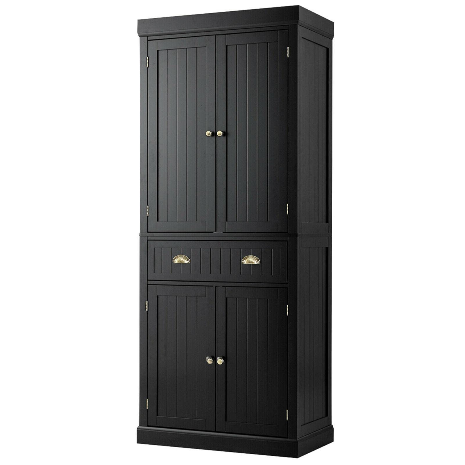 Nightcore, 1 Kitchen, 6ft Cupboard w/ 4 Adjustable Shelves, 2 Wood Pantries, Drawer, Utility Storage Cabinet for Hallway, Living Room, Bathroom, Black