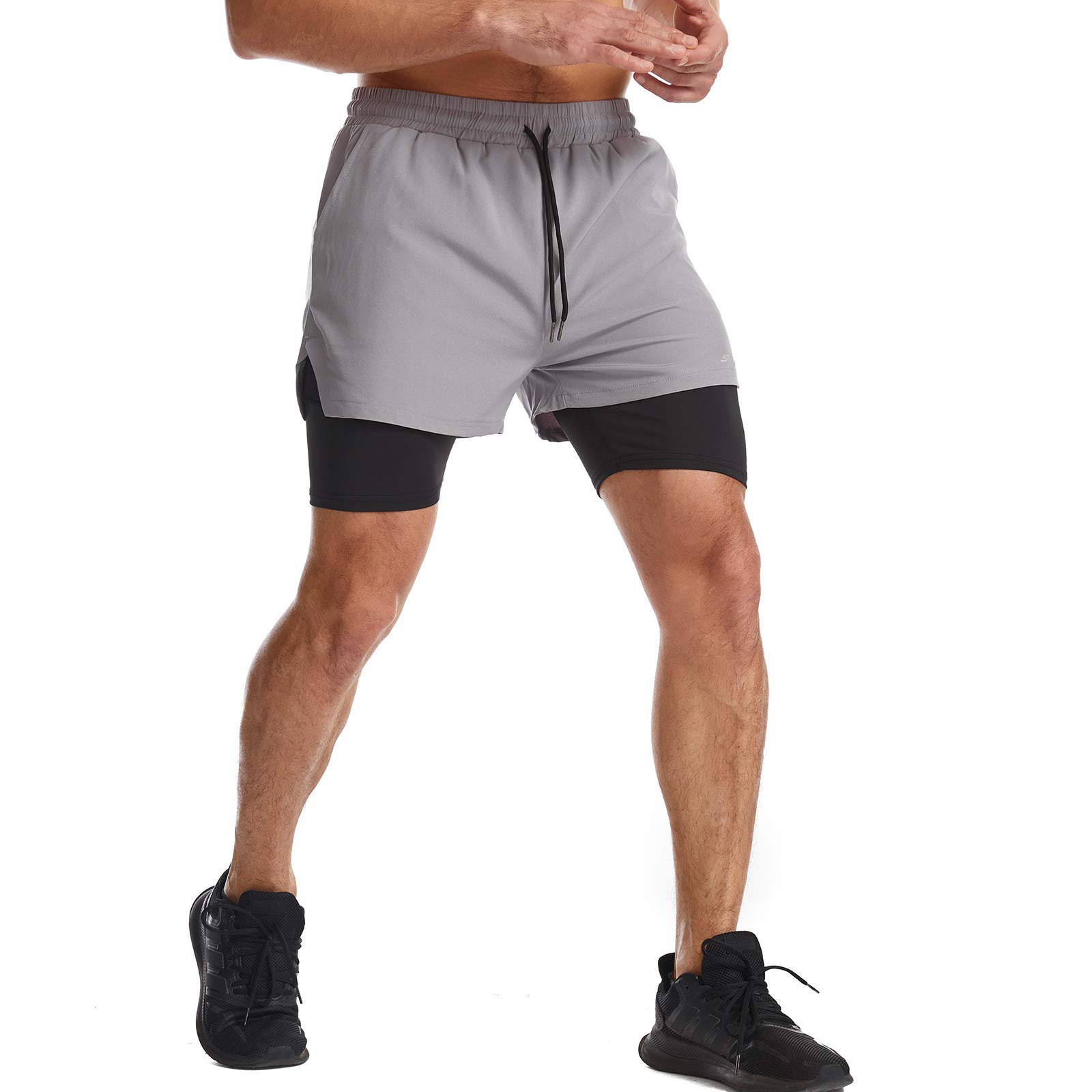 Surenow Mens 2 in 1 Running Shorts Quick Dry Athletic Shorts with Liner, Workout Shorts with Zip Pockets and Towel Loop Light Grey