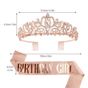 Birthday Crowns for Women, Didder Crystal Tiara & Birthday Girl Sash, Rose Gold Tiaras and Crown for Women Girls Princess Elegant Crown with Combs Glitter Sash Kit For Bridal Wedding Prom Party