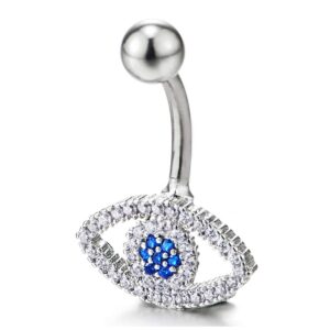 COOLSTEELANDBEYOND Cubic Zirconia Pave Evil Eye Belly Chain Belly Button Ring Body Jewelry Piercing Navel Ring