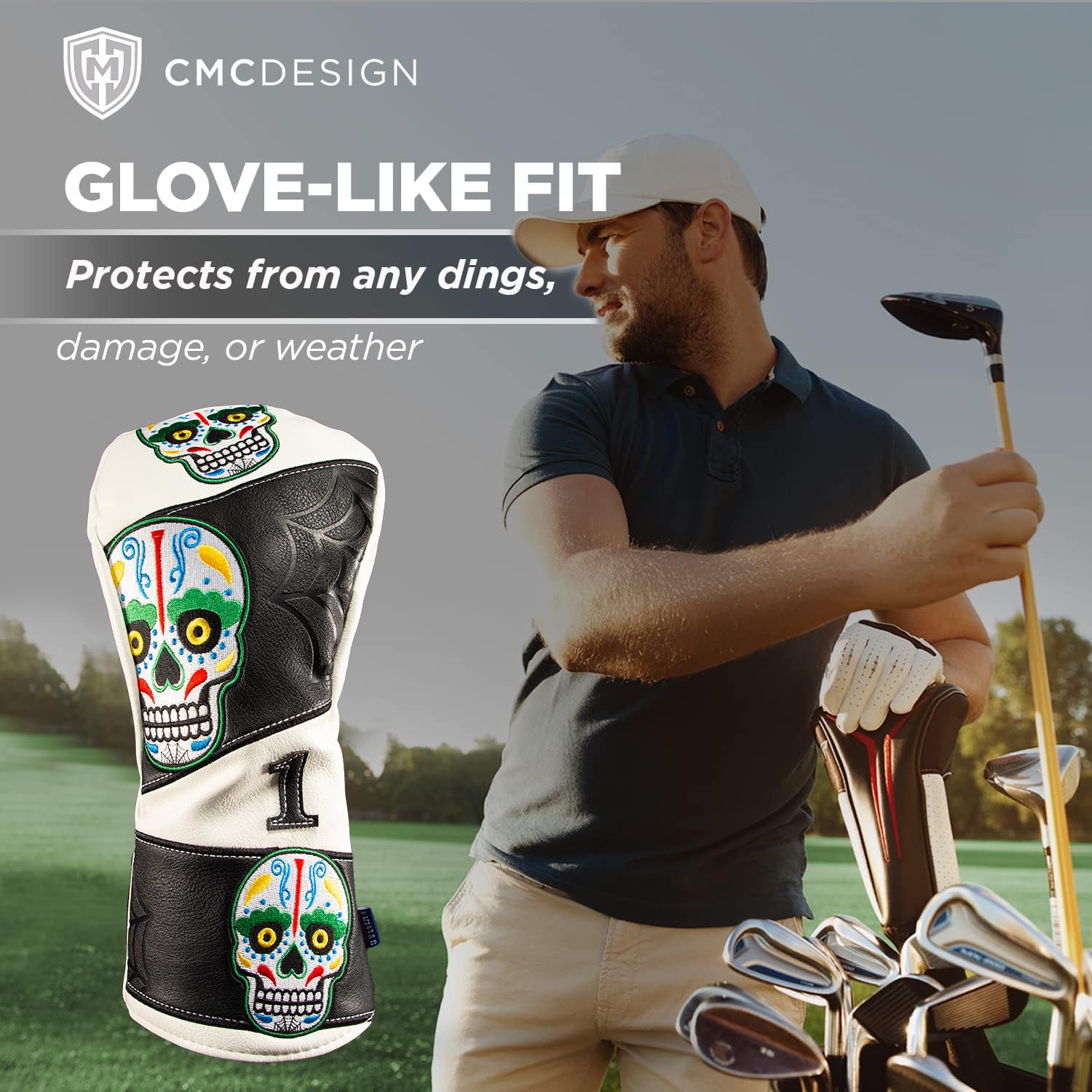 CMCDESIGN Custom Sugar Skull with Web Embroidered Golf Driver Head Cover - Glove Soft Lining - Design Elements Include Applique and Embossing - Great Fit on Any Club as Golf Head Covers, Wood Cover