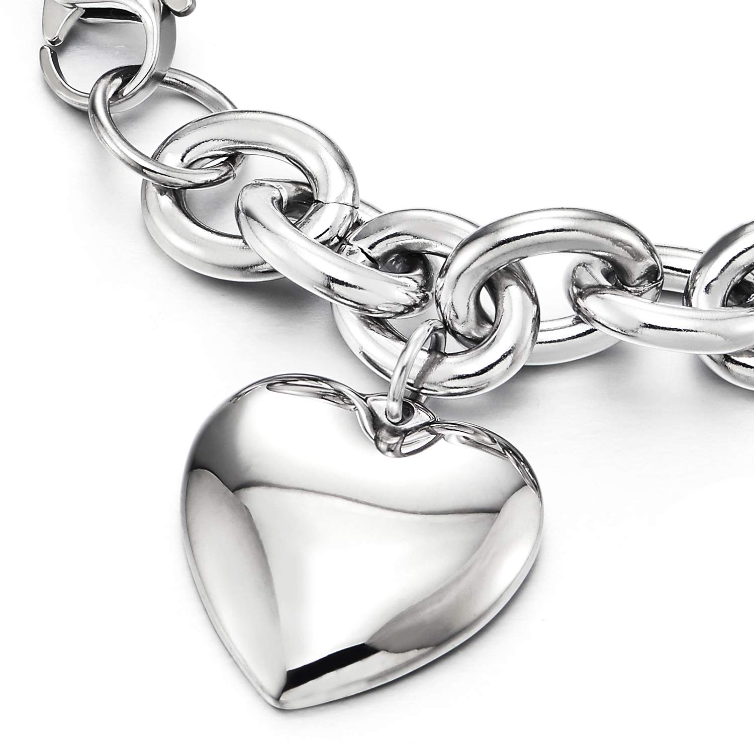 COOLSTEELANDBEYOND Womens Stainless Steel Rolo Chain Bracelet with Dangling Puff Heart, High Polished