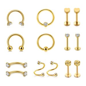 Jovivi 16G Gold Lip Rings Stainless Steel Hoop Labret Studs Monroe Piercing Jewelry Cartilage Helix Tragus Earrings Nose Ring Lobe Daith Rook Earrings for Women Men 14 Pcs