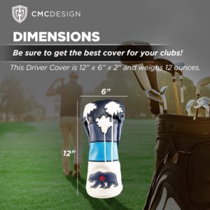 CMC Design Custom Cali Pines Embroidered Golf Driver Head Cover - Glove Soft Lining - Design Elements Include Applique and Embossing - Great Fit on Any Club as Golf Head Covers, Wood Driver Cover